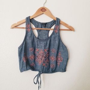 American Eagle Outfitters Denim Eyelet Cropped Top